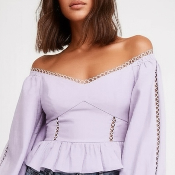NWT Express Top Off The Shoulder Ruffle Corset Blouse Linen Blend Purple XS - Picture 1 of 11